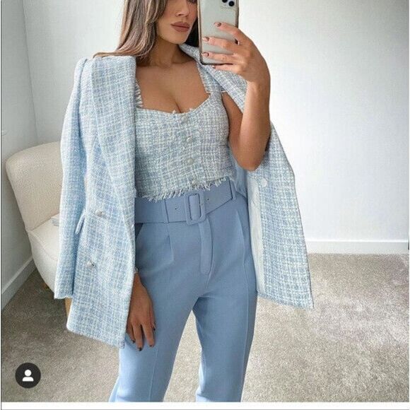 ZARA BLOGGERS FAV NEW DOUBLE BREASTED TEXTURED tweed blazer SKY BLUE 755…